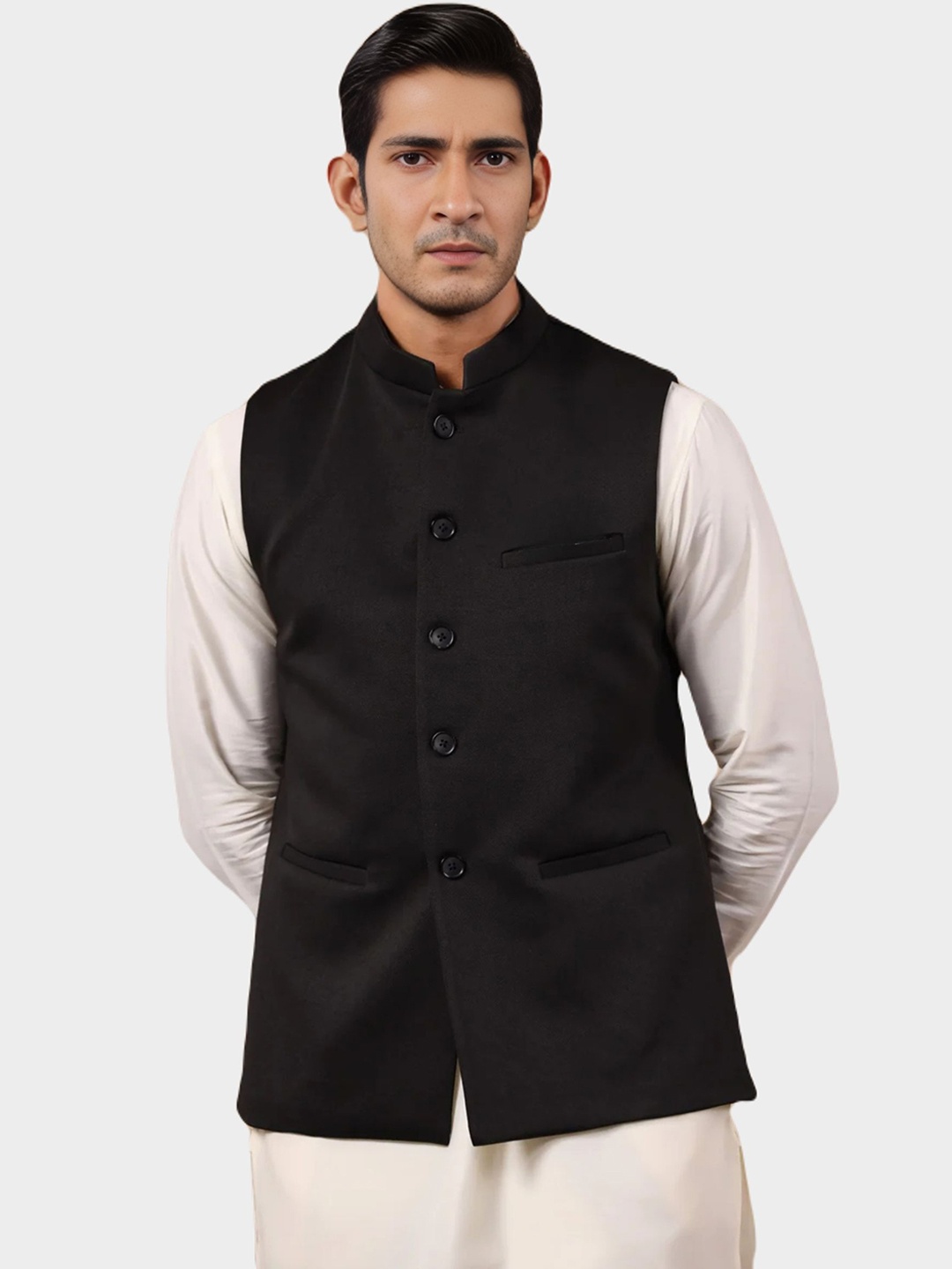 

BAESD Mandarin Collar Satin Nehru Jacket, Black