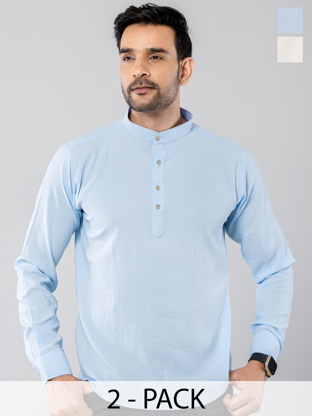 

Aanys Culture Selection of 2 Mandarin Collar Long Sleeves Straight Short Kurtas, Blue