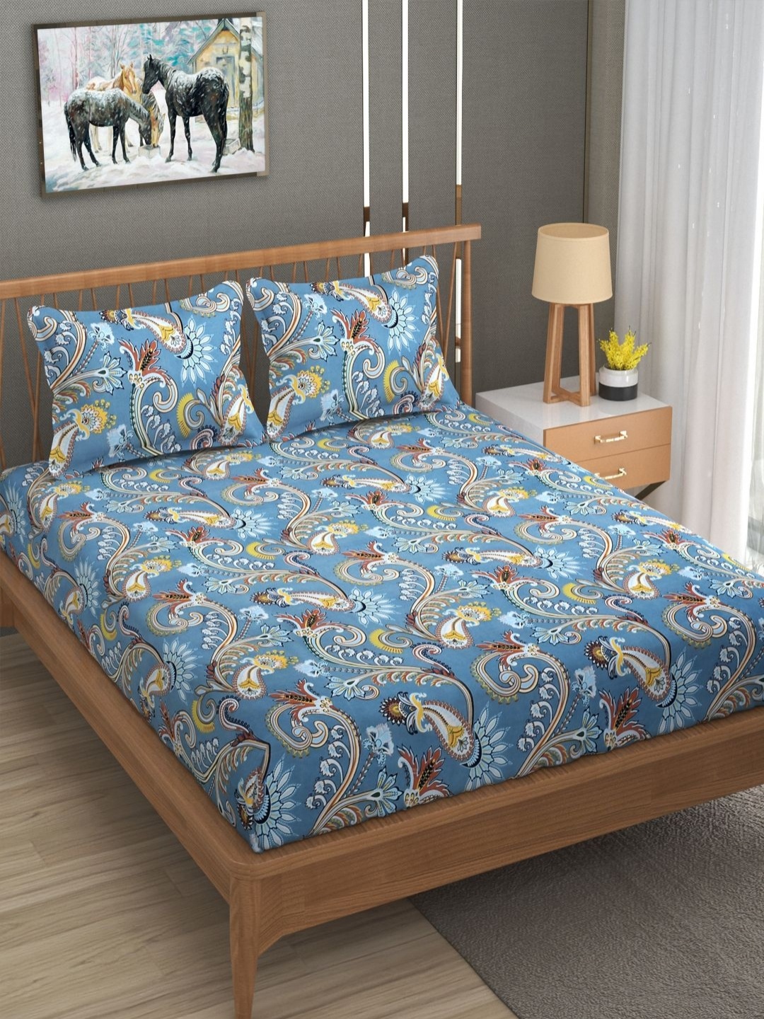

AVI Moonstone Blue & Red Floral Printed Cotton 180 TC King Bedsheet Set