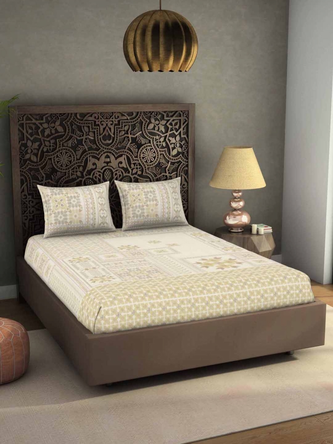 

SPACES Beige Ethnic Motifs Pure Cotton 300 TC King Bedsheet Set 2.74 m x 2.74 m