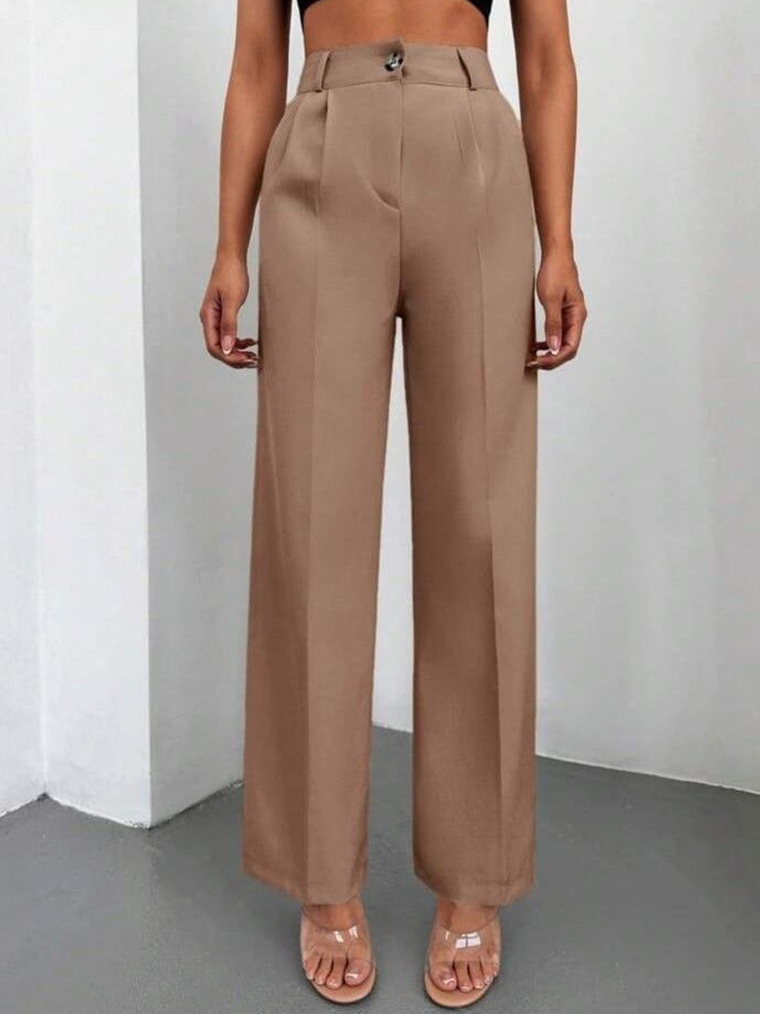 

Next One Women High-Rise Pleated Korean Trousers, Camel brown