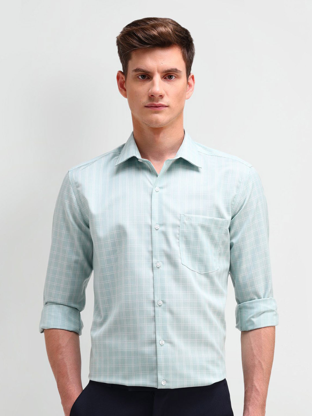 

Arrow Men Manhattan Spread Collar Checked Cotton Slim Fit Formal Shirt, Sea green