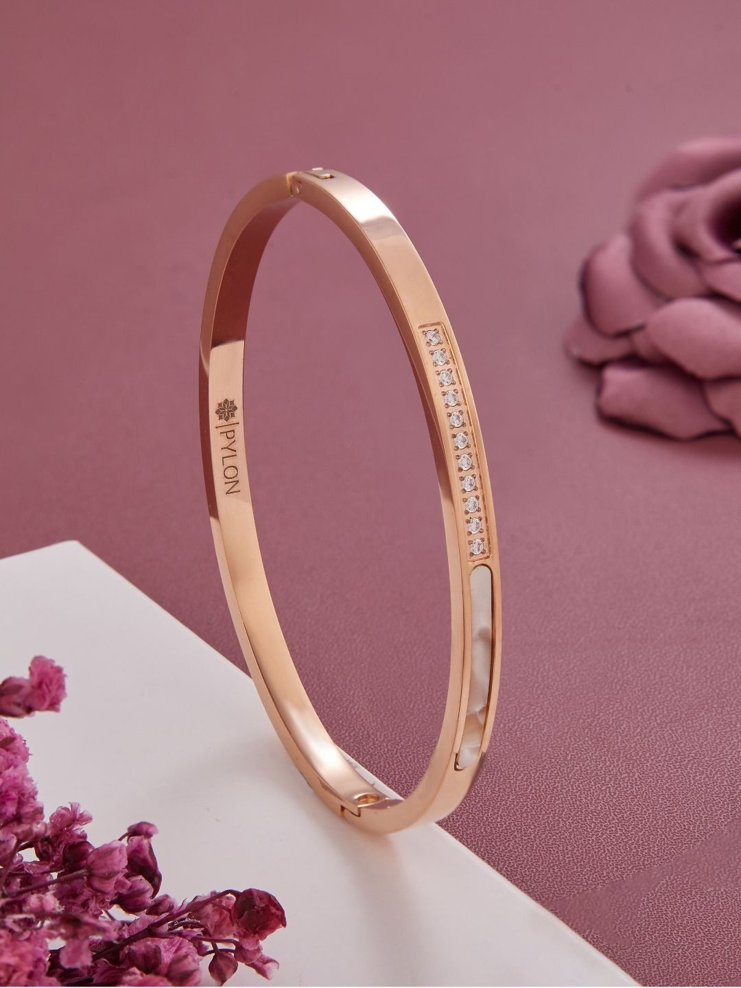 

PYLON Stainless Steel American Diamond Kada Bracelet, Rose gold