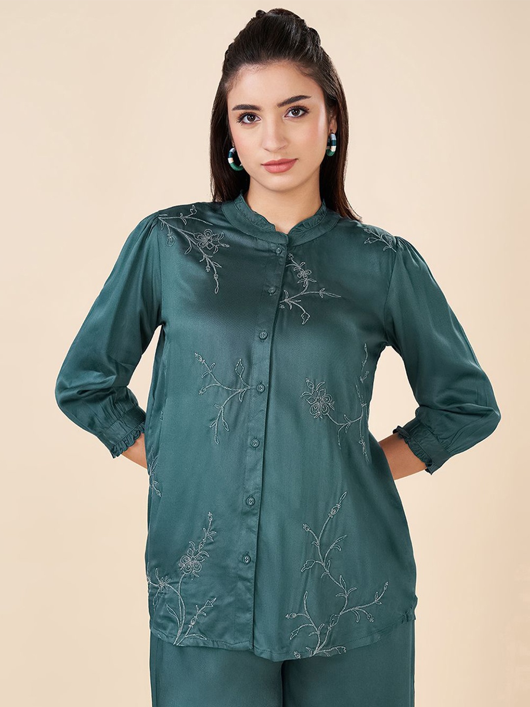 

AKKRITI BY PANTALOONS Women Modal Mandarin Collar Embroidered Tunic, Green