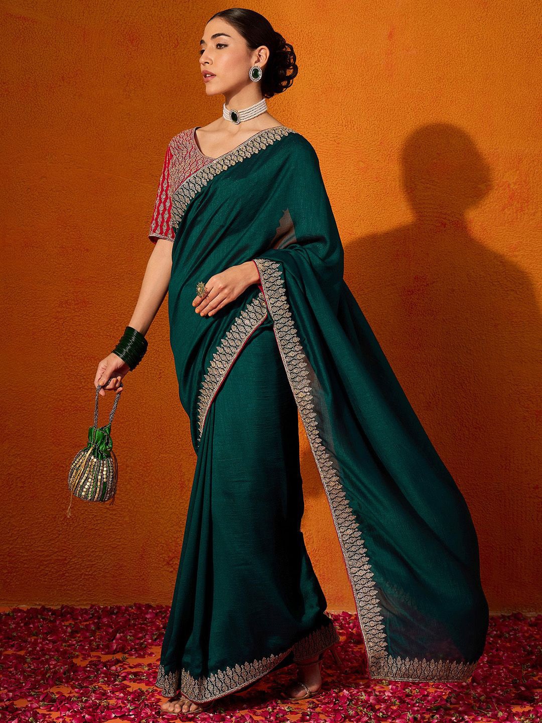 

Anouk Embroidered Saree With Blouse Piece, Teal