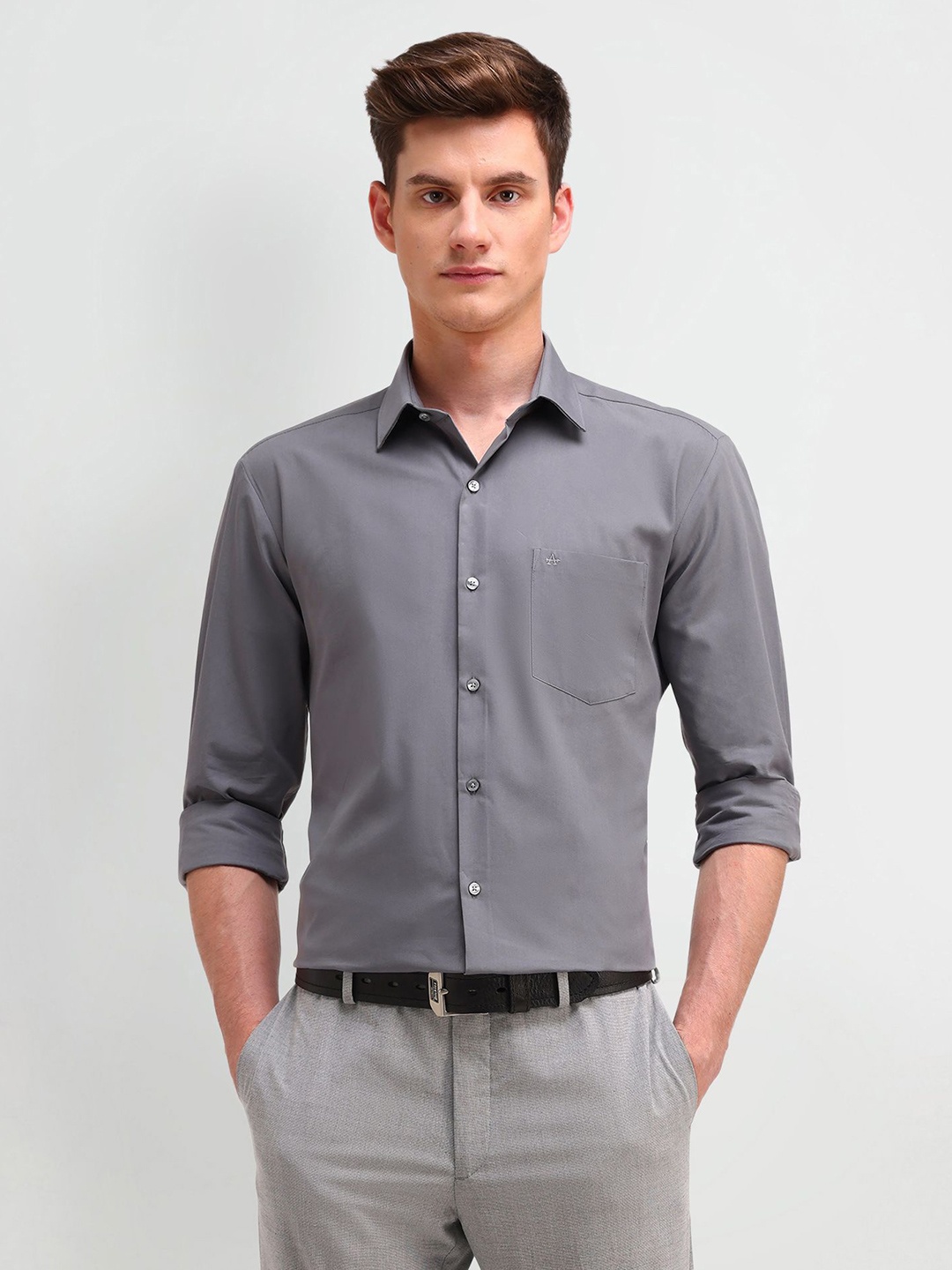 

Arrow Men Manhattan Spread Collar Solid Cotton Slim Fit Formal Shirt, Charcoal
