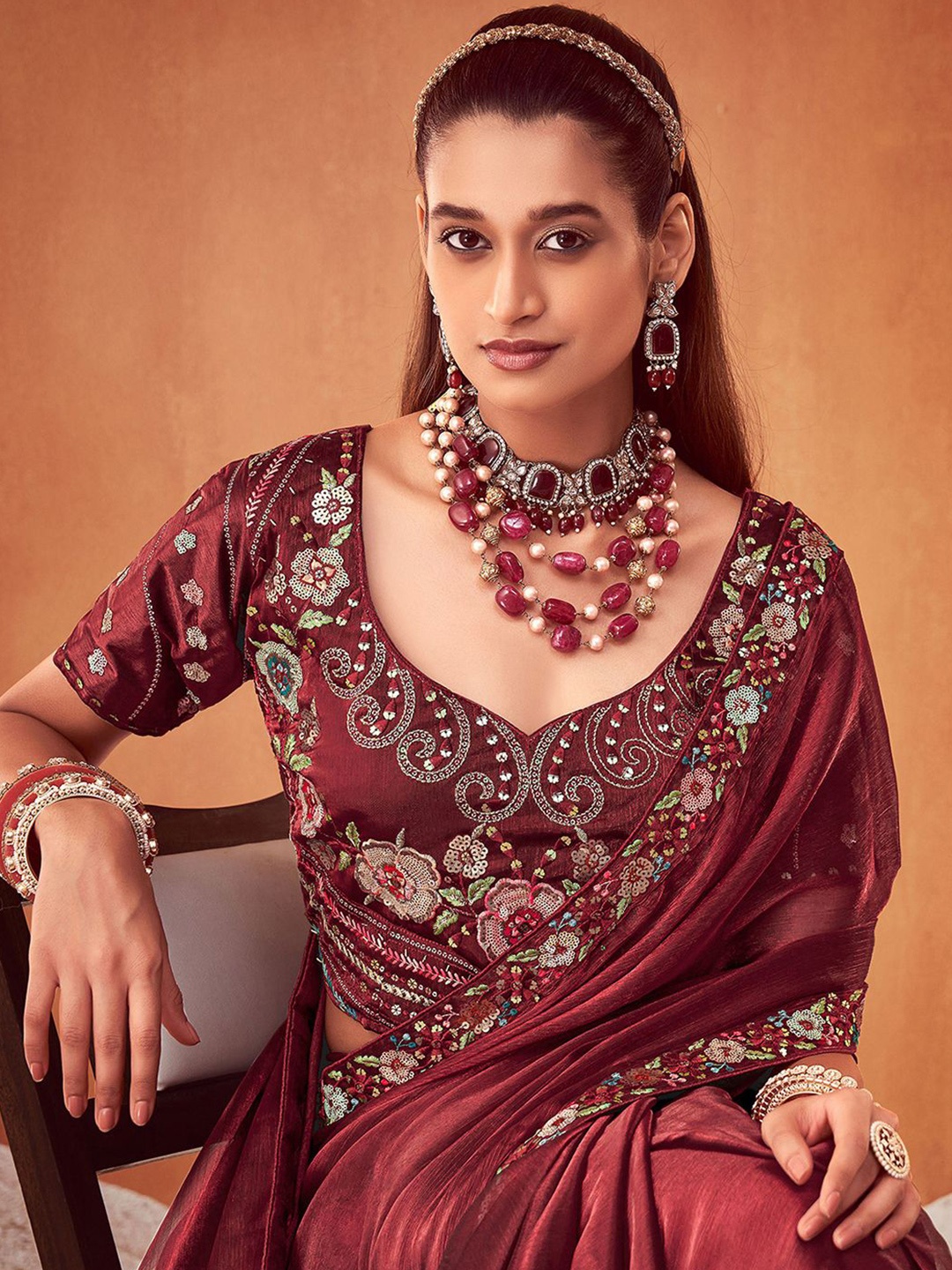 

SANSKAR Solid Embroirdered Saree With Stitched Free Size Blouse, Maroon
