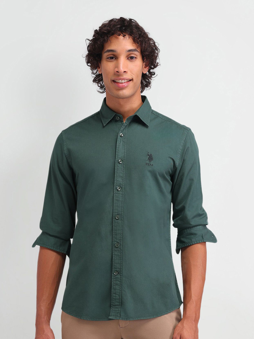 

U.S. Polo Assn. Denim Co. Men Manhattan Spread Collar Solid Cotton Slim Fit Casual Shirt, Green