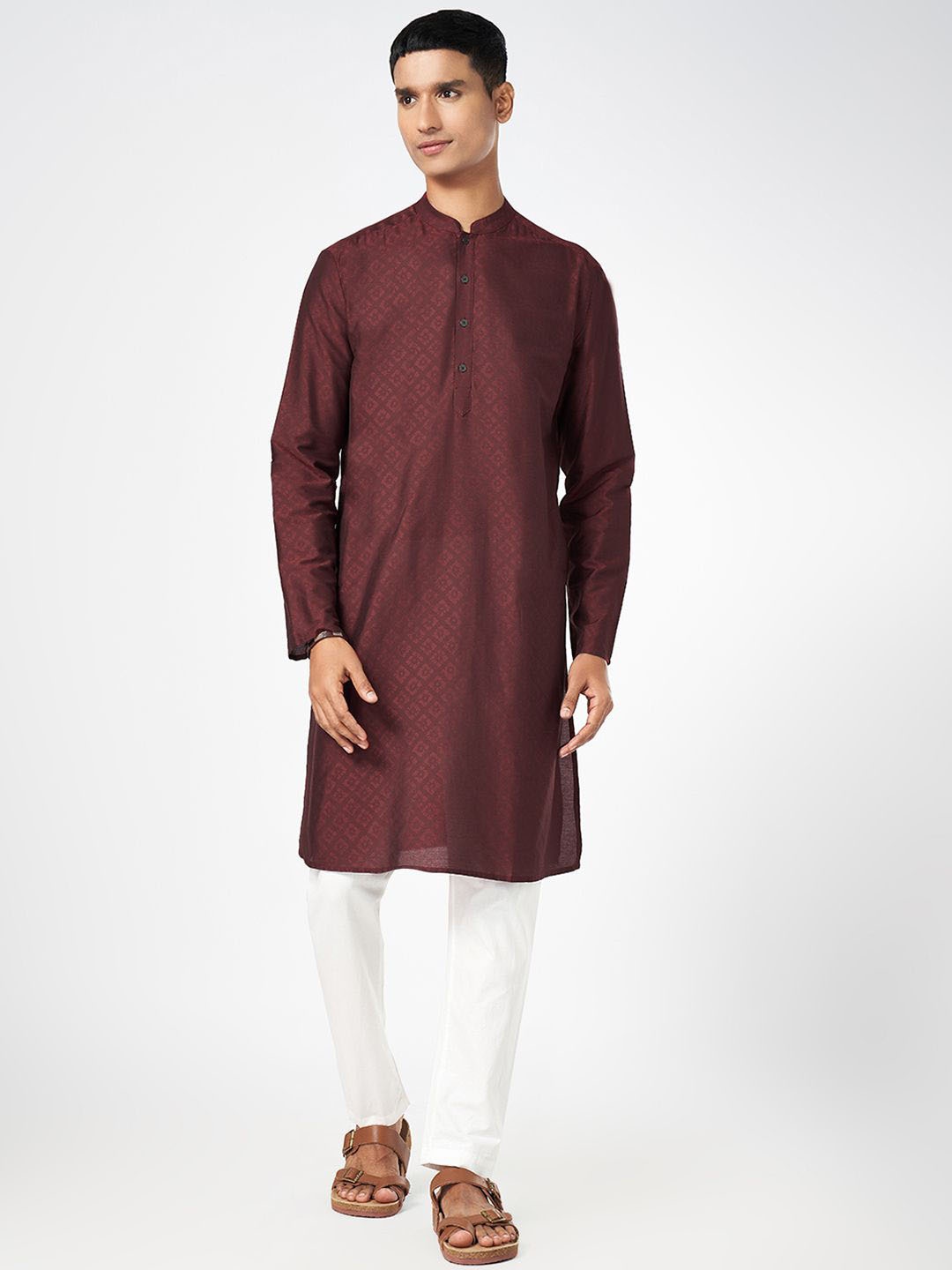 

indus route by Pantaloons Geometric Mandarin Collar Straight Kurta, Red