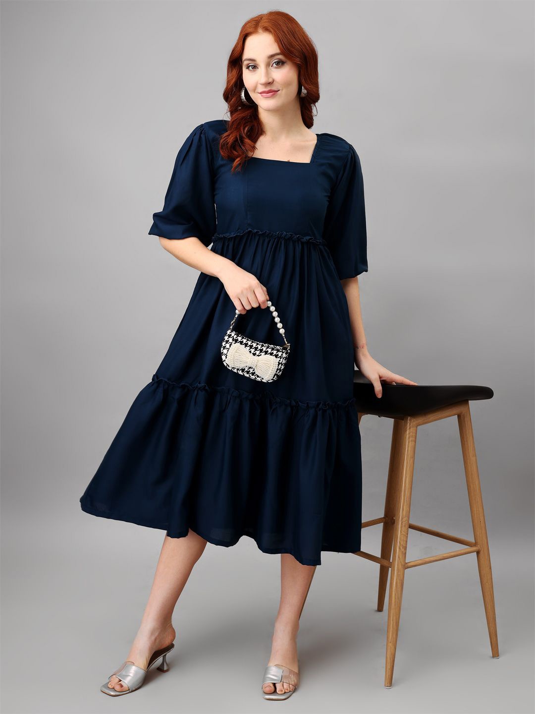 

Raiyani Enterprise Women Square Neck Puff Sleeves Fit & Flare Midi Dress, Blue