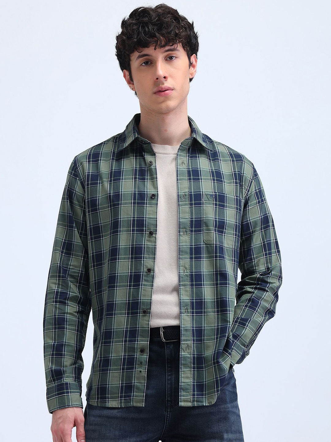 

Flying Machine Men Manhattan Spread Collar Tartan Checked Cotton Slim Fit Casual Shirt, Green