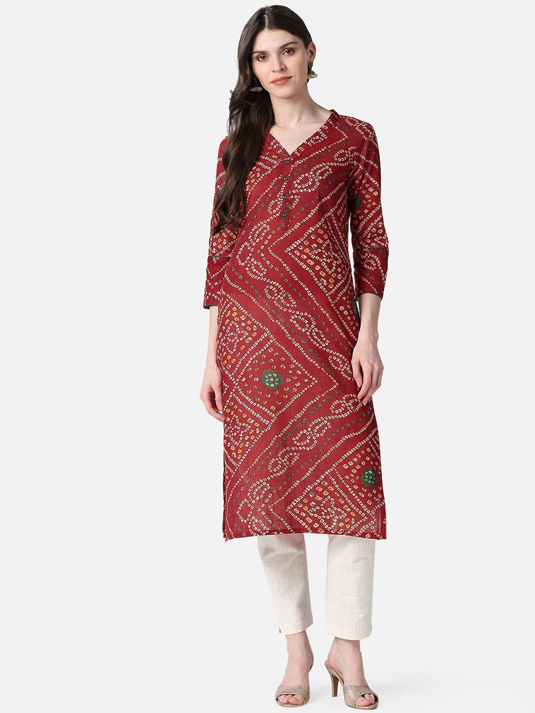 

KALINI Bandhani Printed V-Neck Straight Kurta, Red