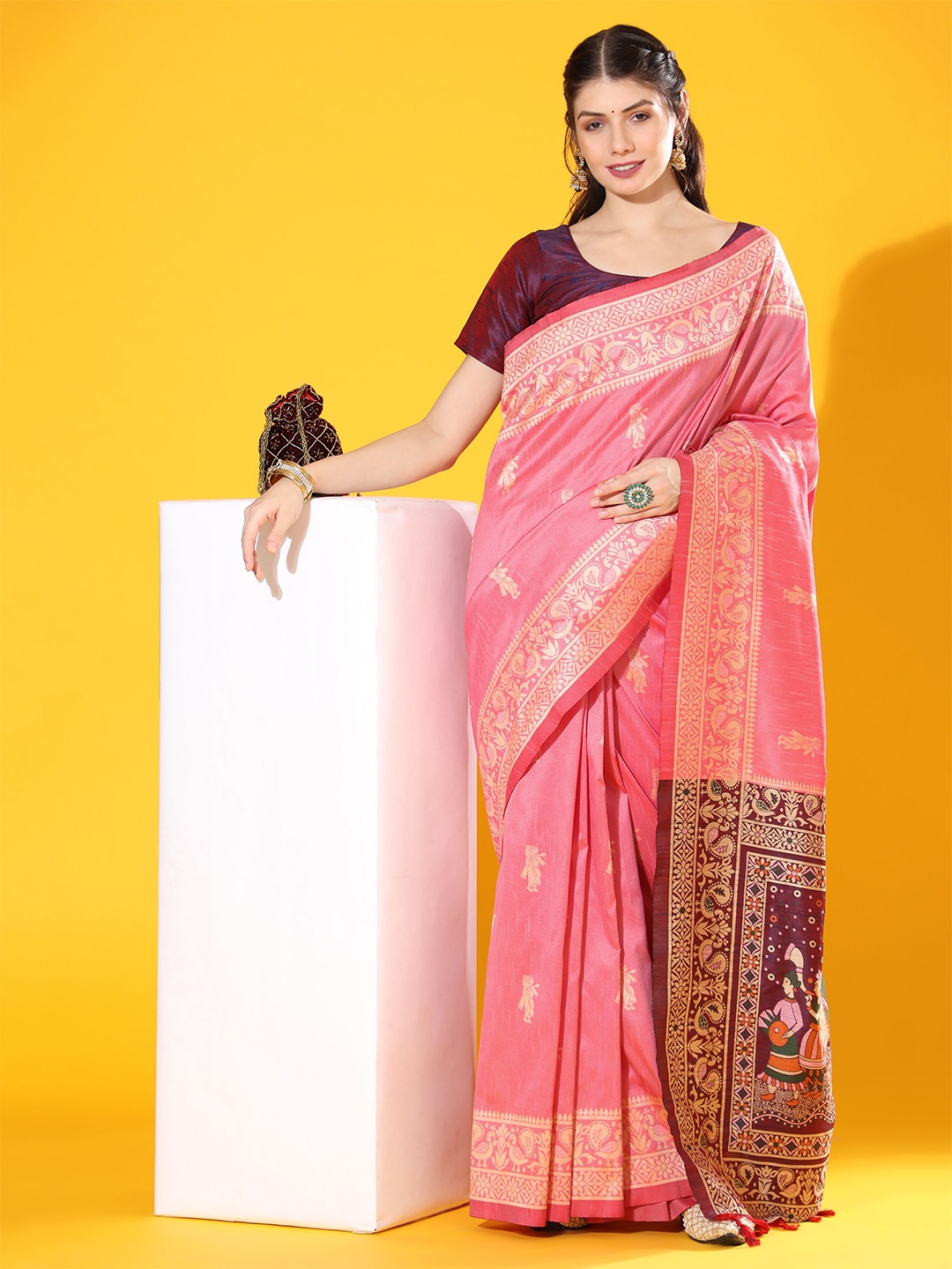 

Jinal & Jinal Ethnic Motifs Woven Design Zari Pure Silk Banarasi Saree, Pink