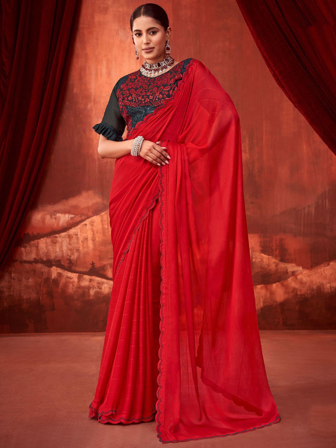 

SANSKAR Sequinned Poly Chiffon Embroirdered Saree With Blouse, Red