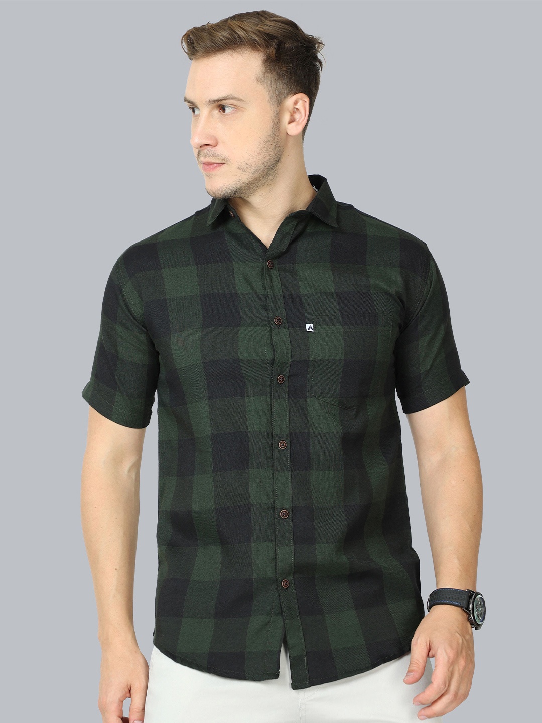 

ALLWIN PAUL Men Classic Spread Collar Buffalo Checked Cotton Casual Shirt, Green