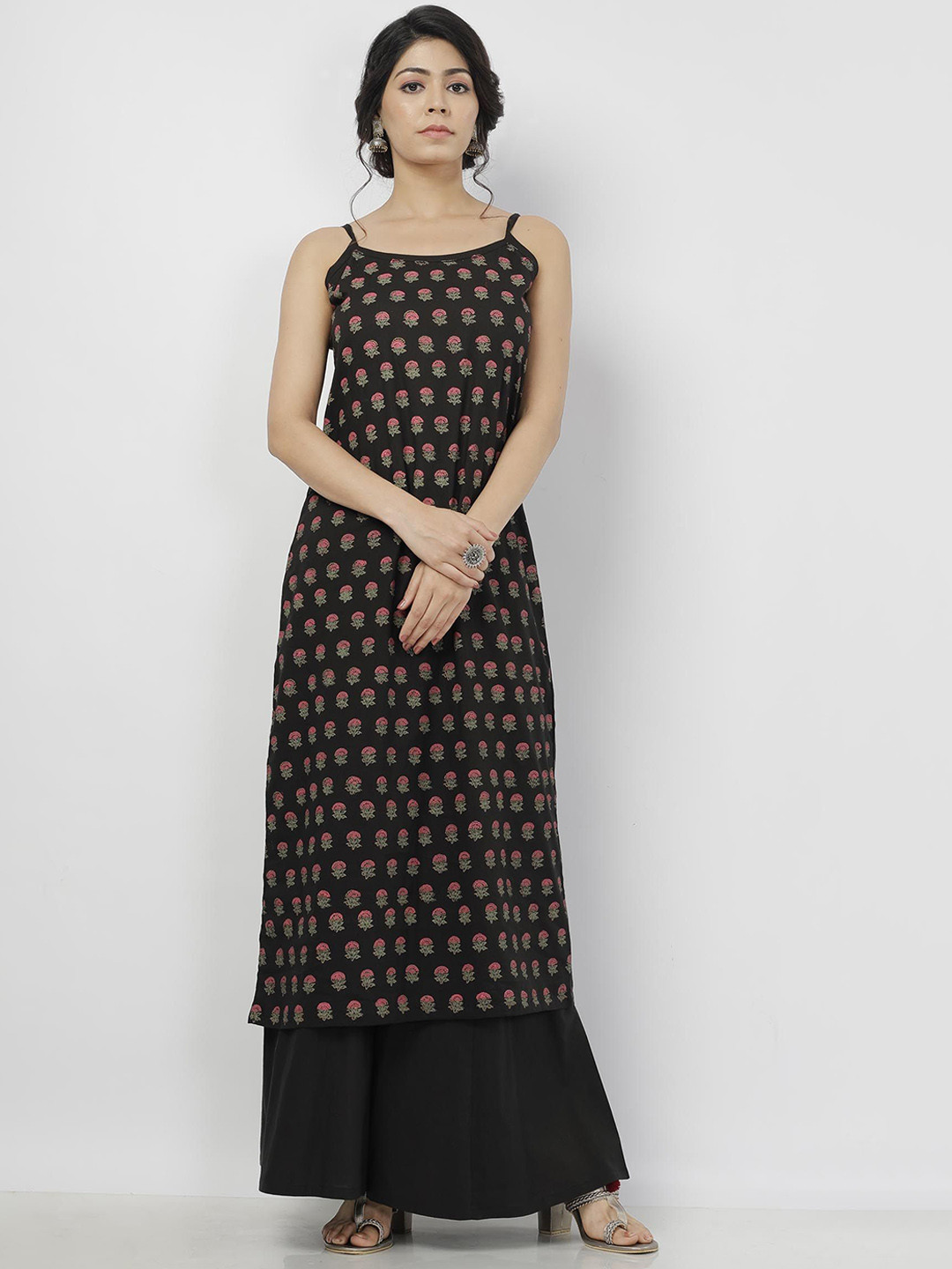 

TJORI Floral Printed Shoulder Straps Neck Regular Pure Cotton Kurta With Palazzo, Black