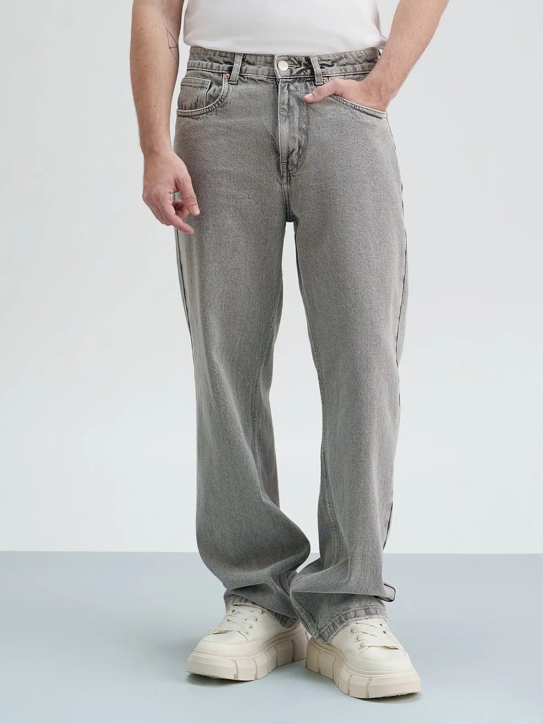 

FREAKINS Men Cotton Bootcut High-Rise Light Fade Jeans, Grey