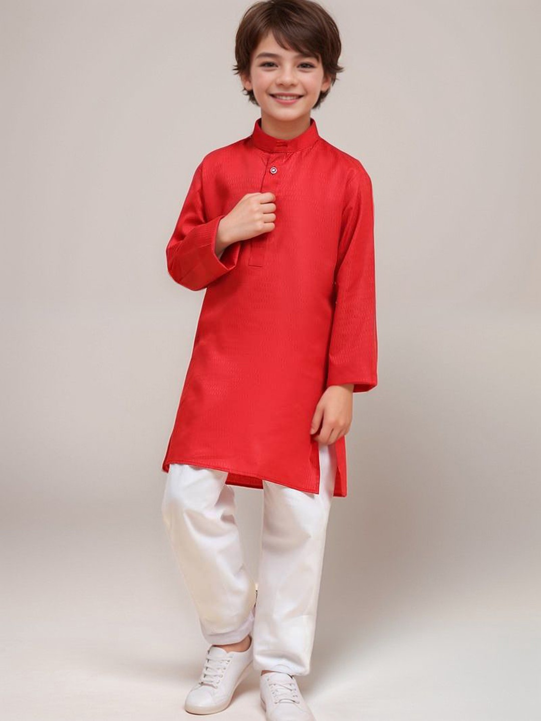 

DEVOILER Boys Woven Design Band Collar Cotton Straight Kurta, Red