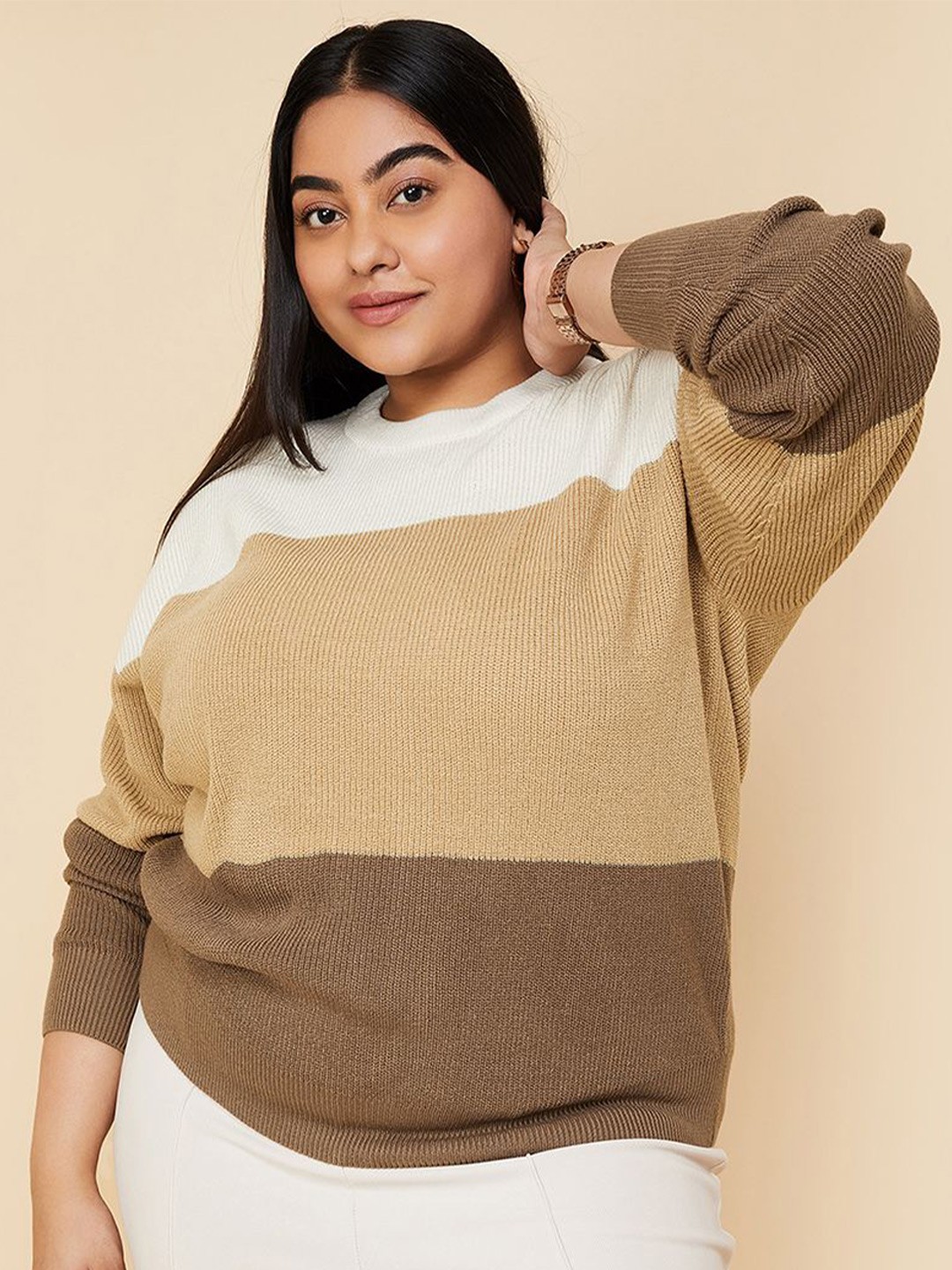 

max Women Acrylic Striped Round Neck Full Sleeves Pullover Sweaters, Brown