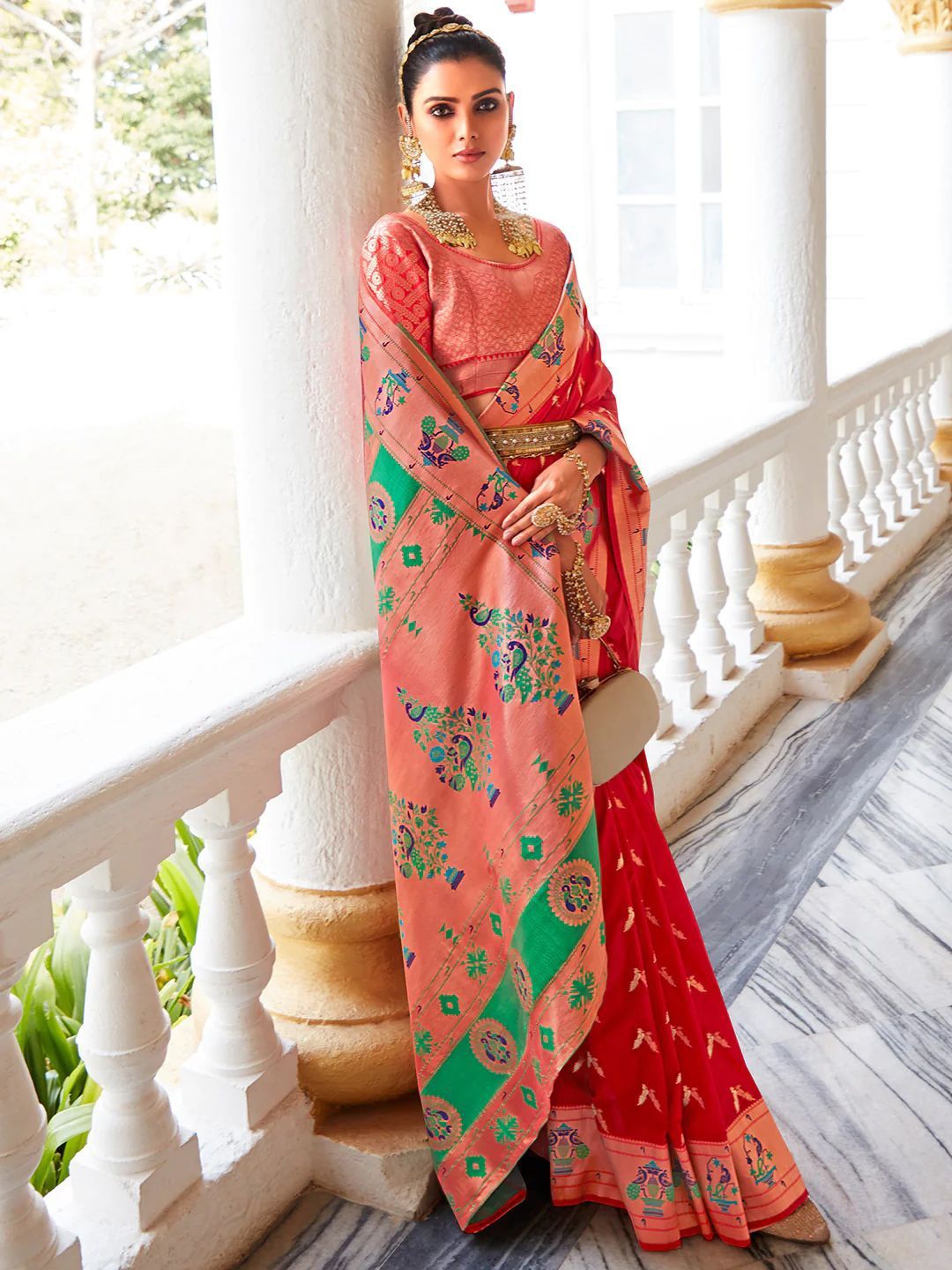 

KALINDI Woven Design Zari Paithani Saree, Red