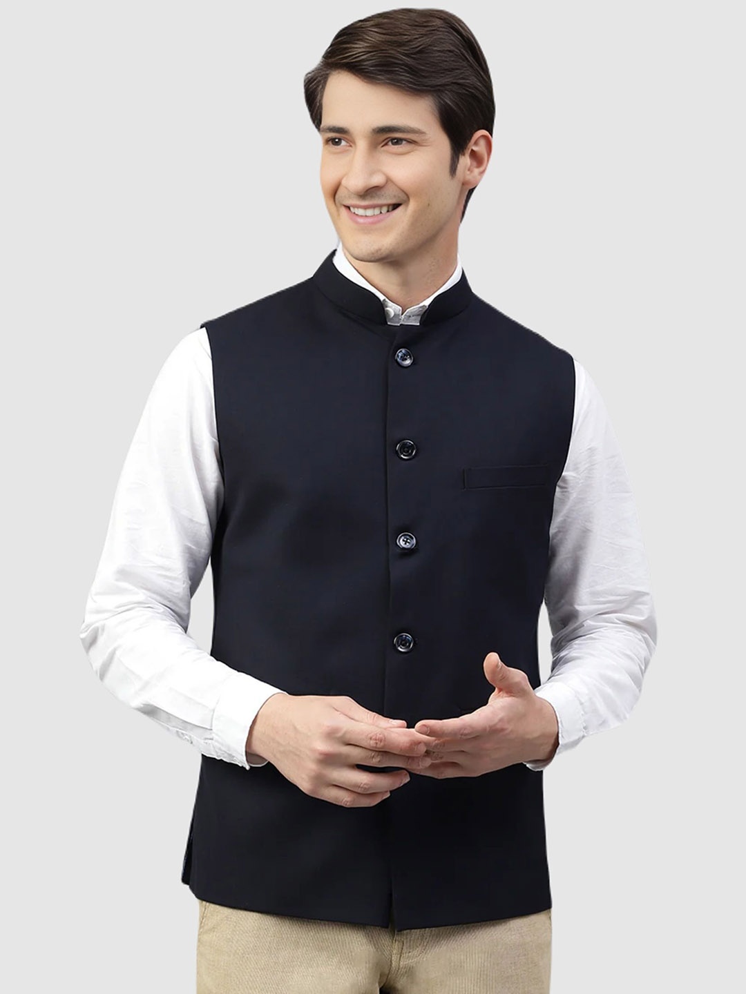 

BAESD Mandarin Collar Satin Nehru Jacket, Navy blue