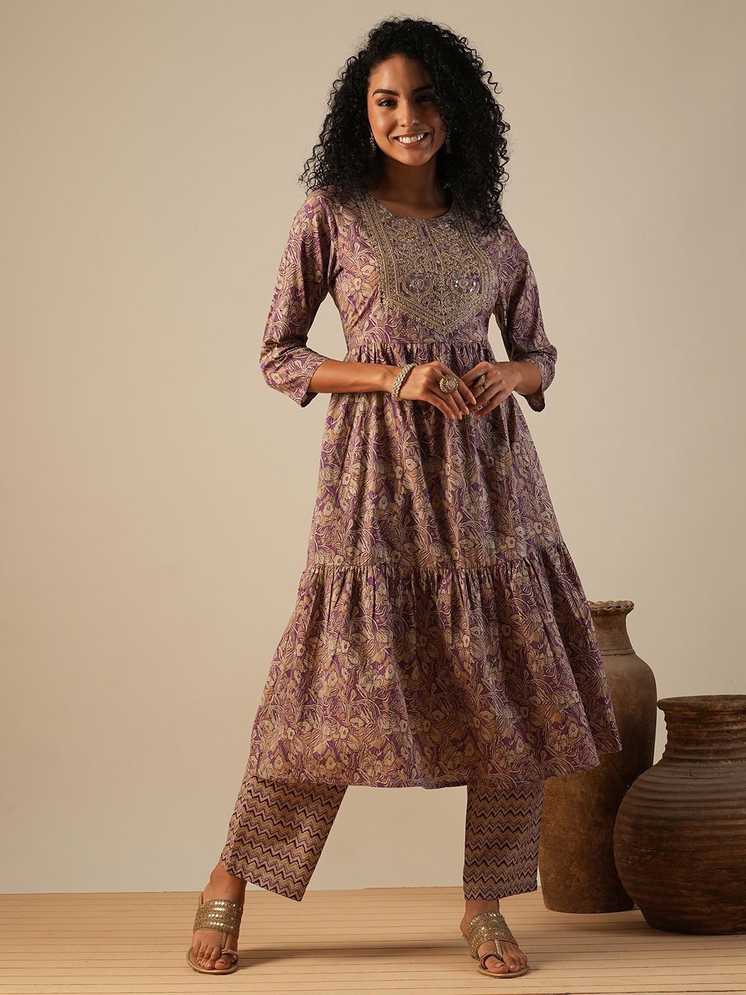 

Globus Purple Floral Printed Tiered Thread Work Pure Cotton A-Line Kurta with Trousers