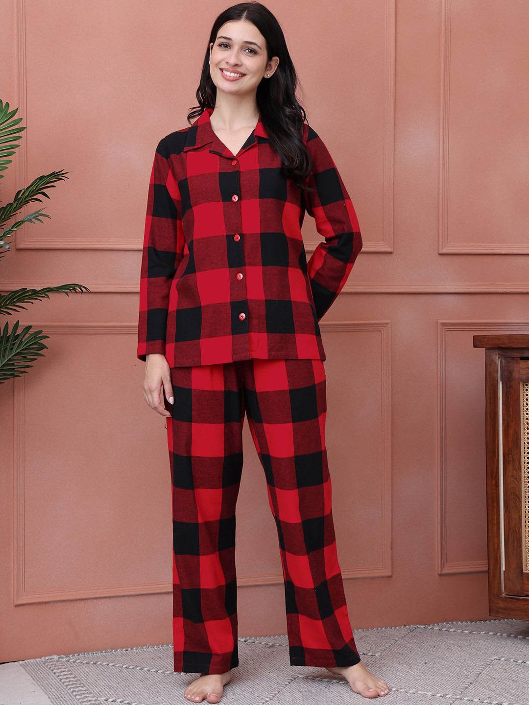 

Secret Wish Women Flannel Checked Pure Cotton Night suit, Red