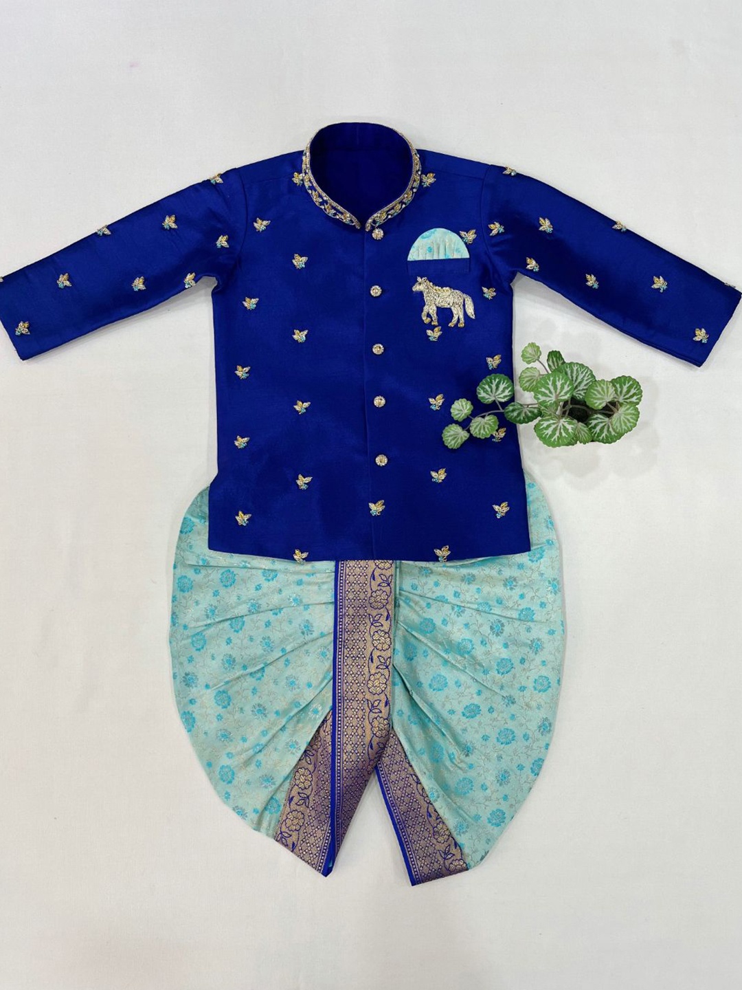 

Sweet Pockets Boys Floral Embroidered Kurta with Dhoti Pants, Blue