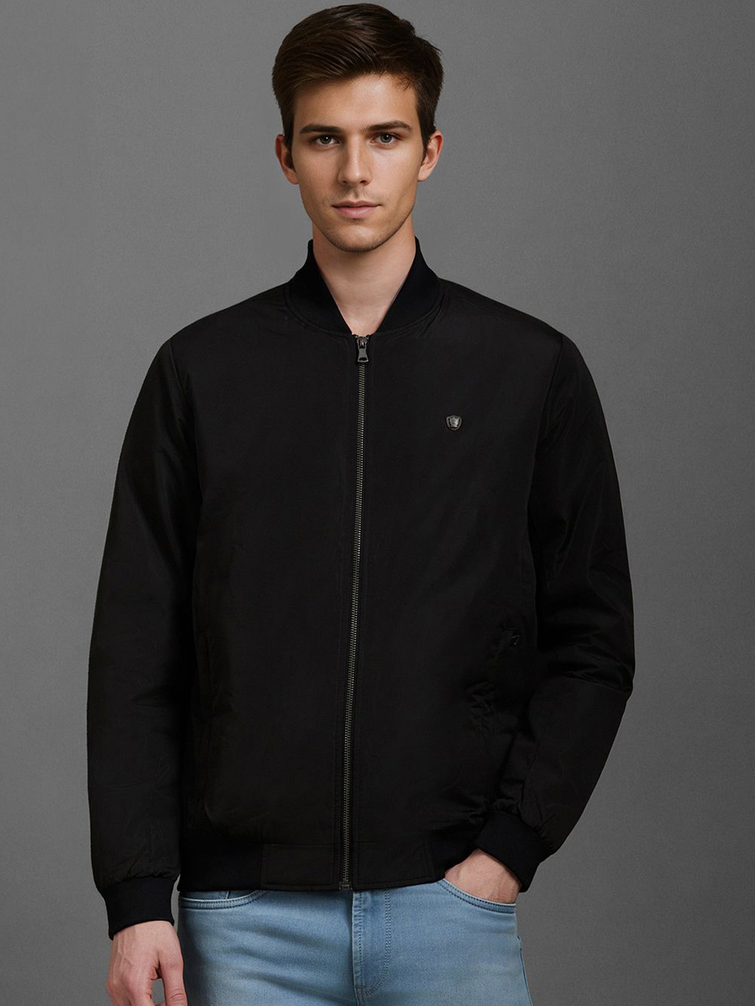 

Louis Philippe Men Stand Collar Solid Casual Bomber Jacket, Black