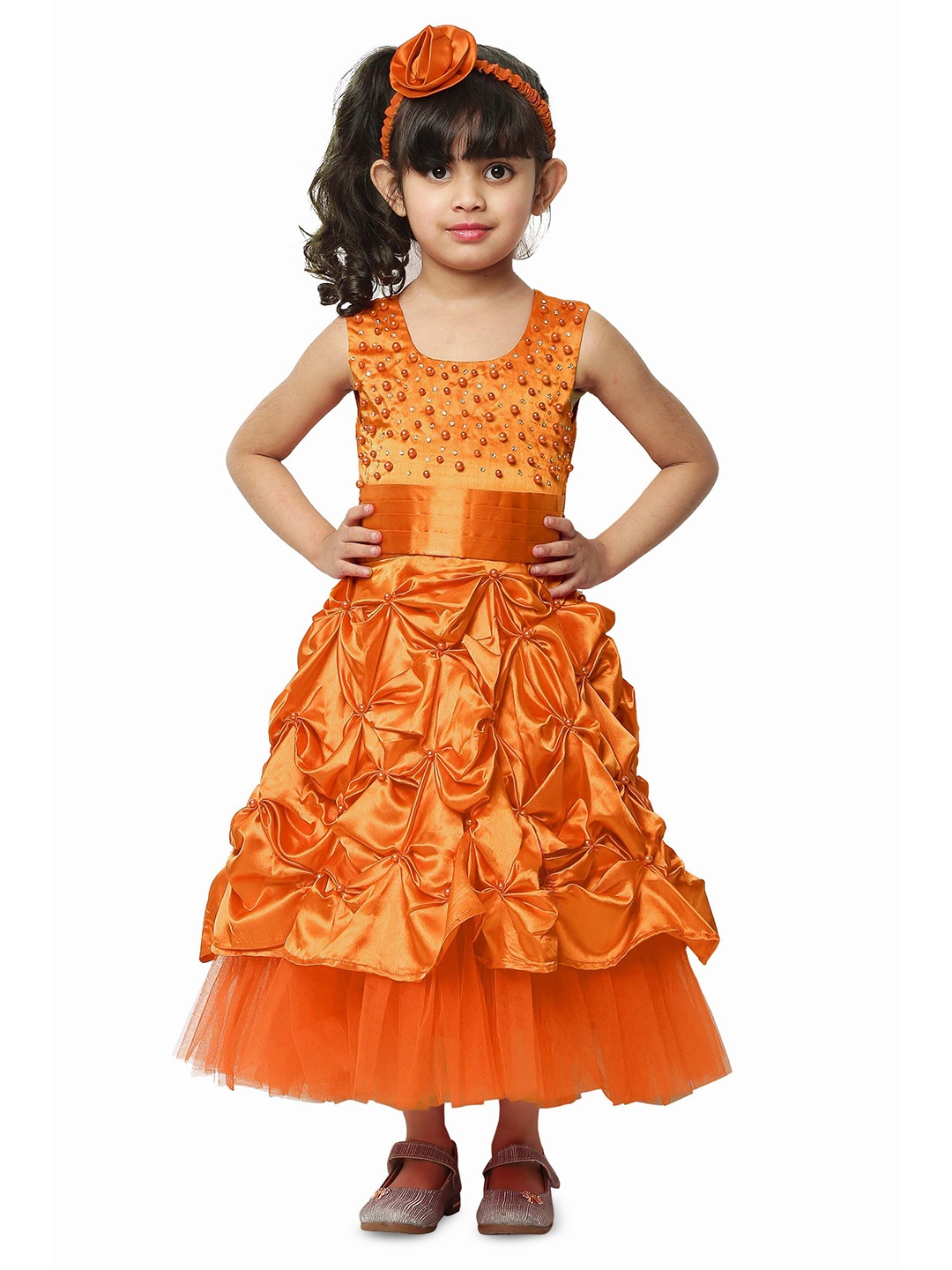 

Wish little Girls Self Design A-Line Maxi Dress Comes with a belt, Orange