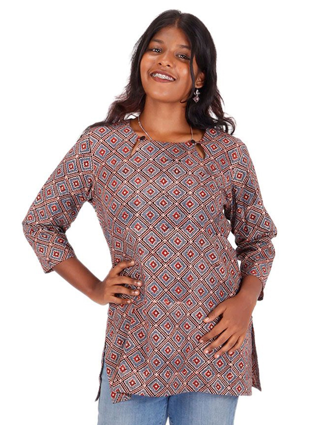 

Avishya Women Ethnic Motifs Printed Round Neck Pure Cotton Kurti, Blue