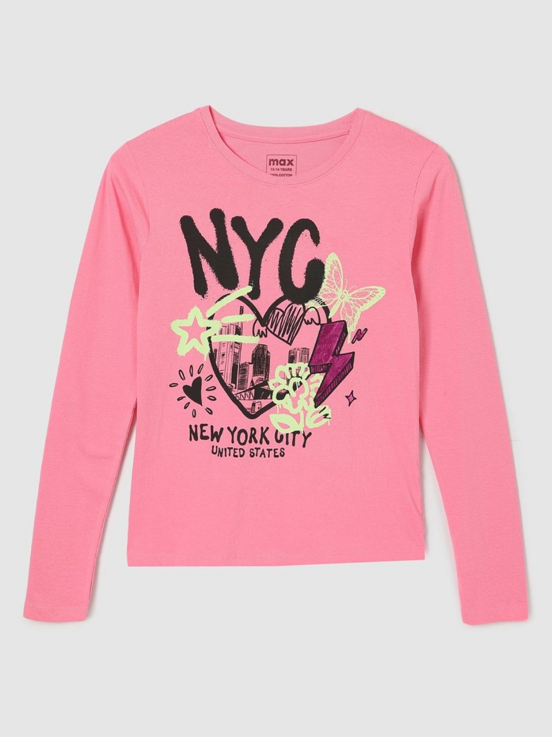 

max Girls Typography Printed Round Neck Cotton T-shirt, Pink