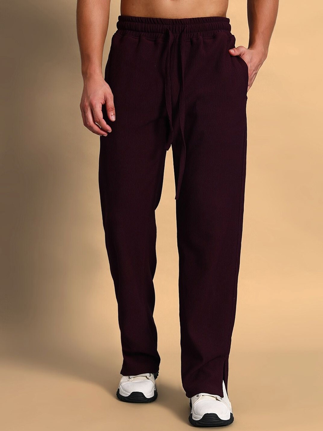 

WEARDUDS Men Relaxed Fit Mid Rise Track Pants, Burgundy