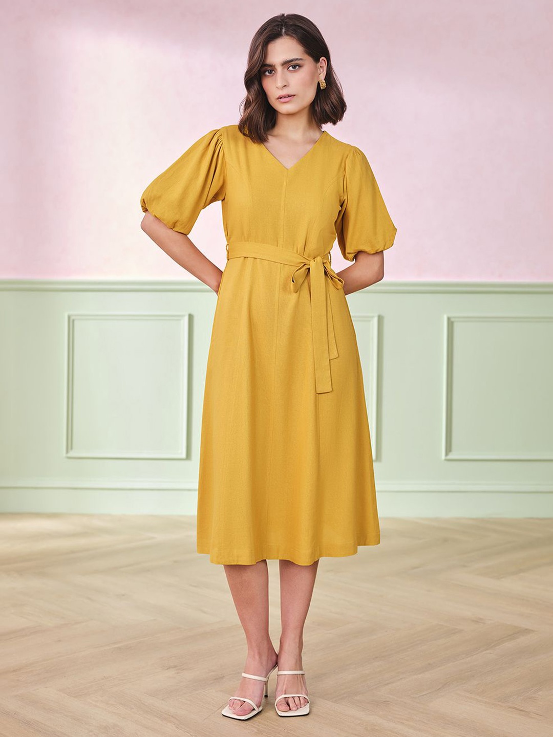 

AND Women Puff Sleeve A-Line Dress, Yellow