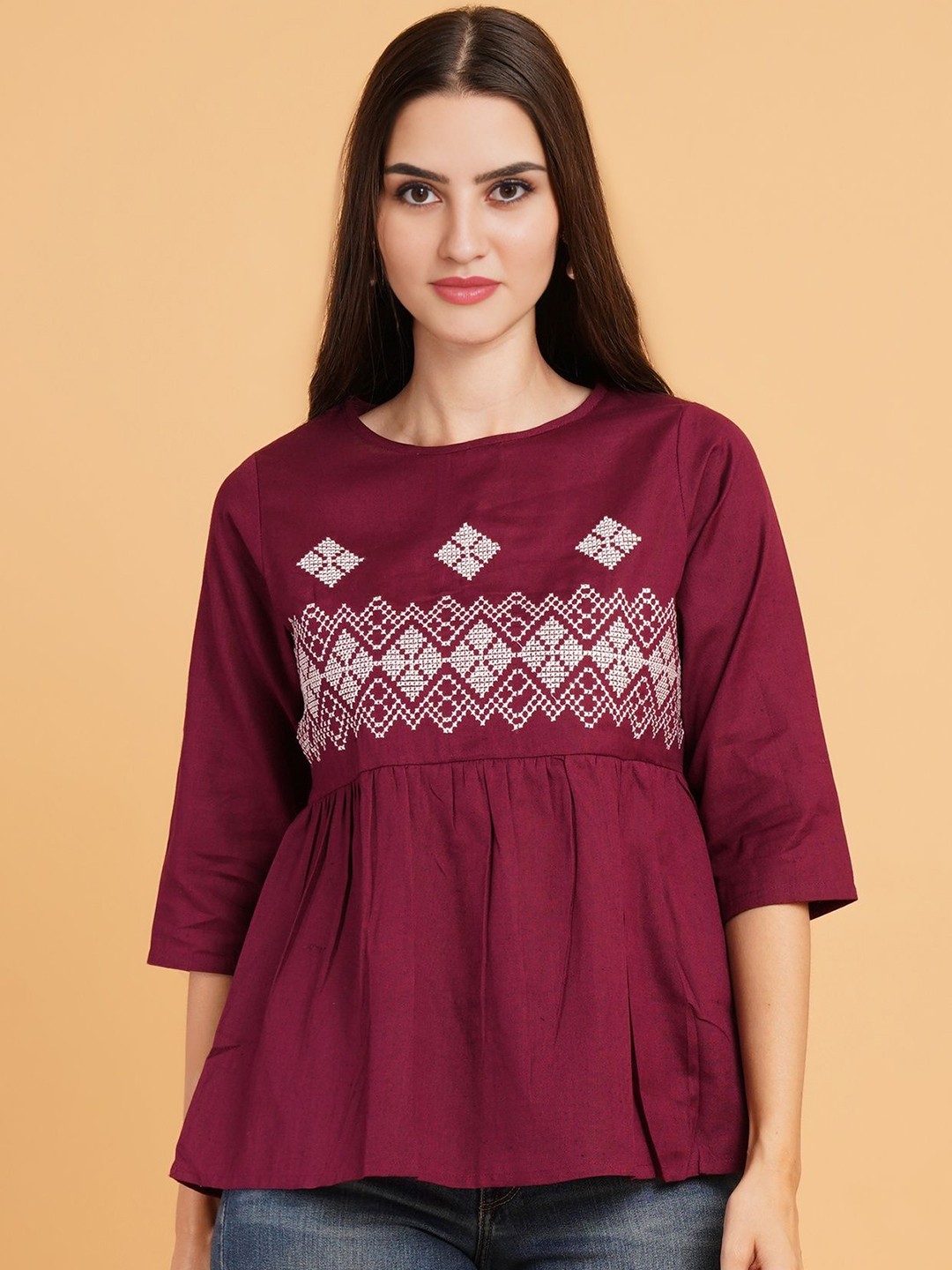 

Brownverse Embroidered Cotton A-Line Top, Maroon