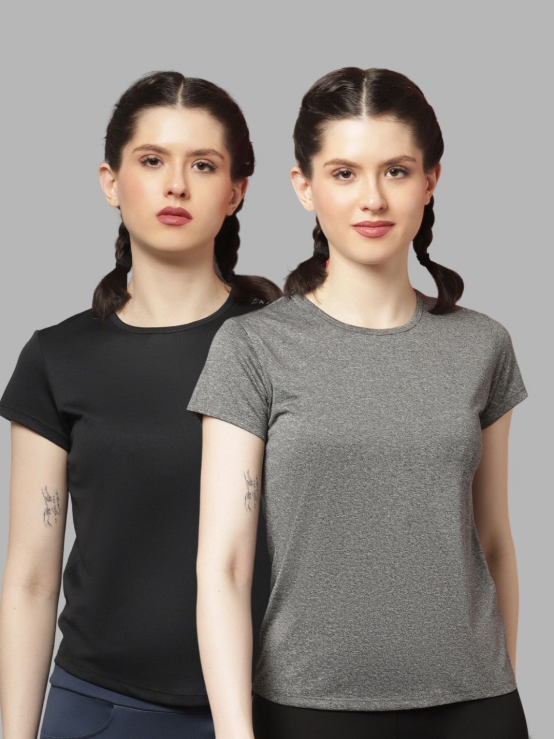 

Friskers Women Pack Of 2 Solid Round Neck T-shirts, Black