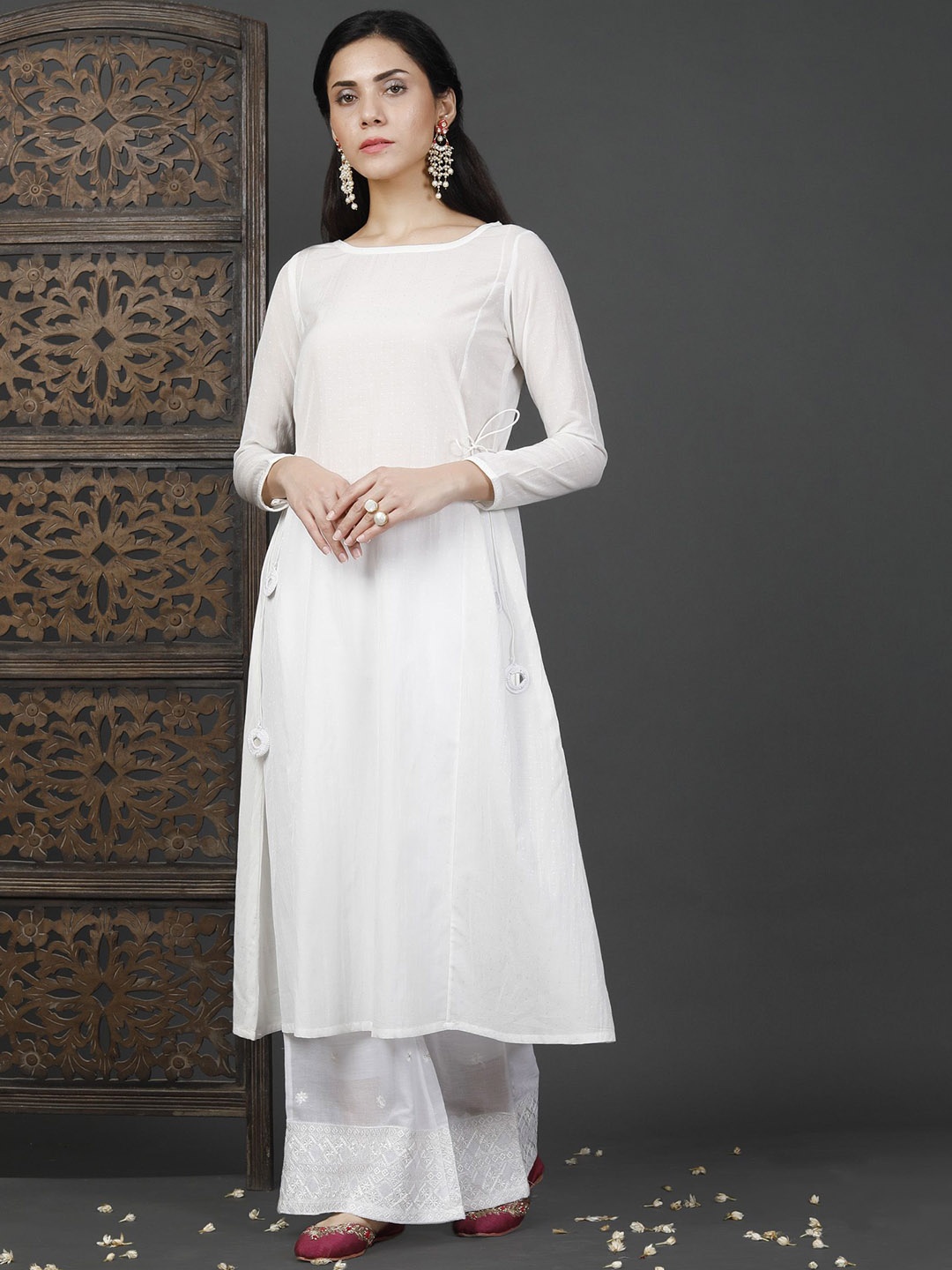

TJORI Round Neck Cotton A-Line Kurta, White