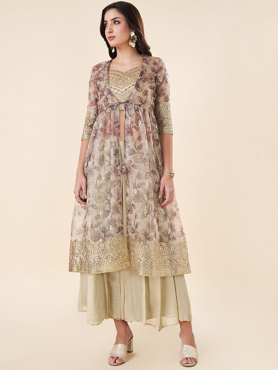 

RANGMANCH BY PANTALOONS Embroidered Top With Palazzo & Shrug, Beige