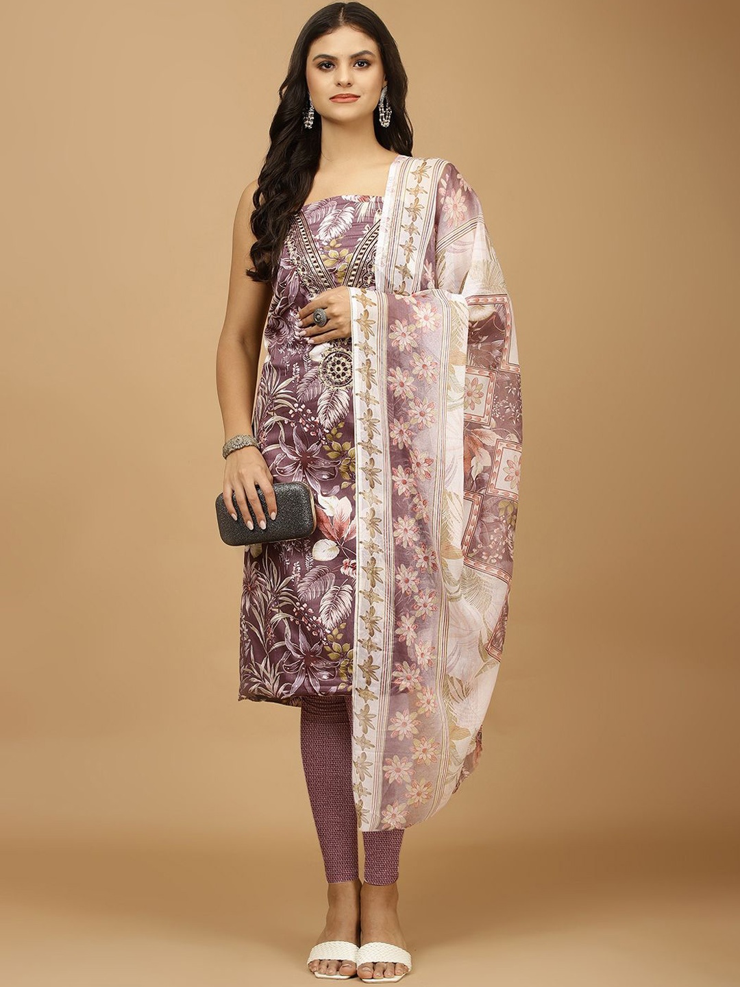 

Meena Bazaar Floral Printed Unstitched Dress Material, Purple