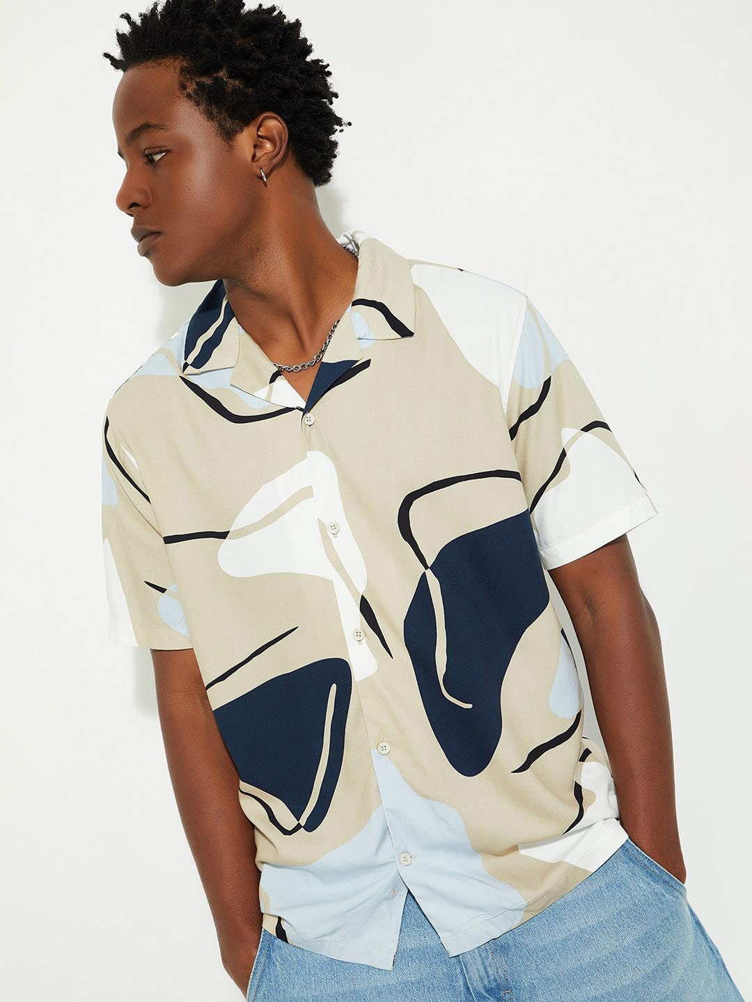 

Max URB_N Men Printed Resort Shirt, Beige