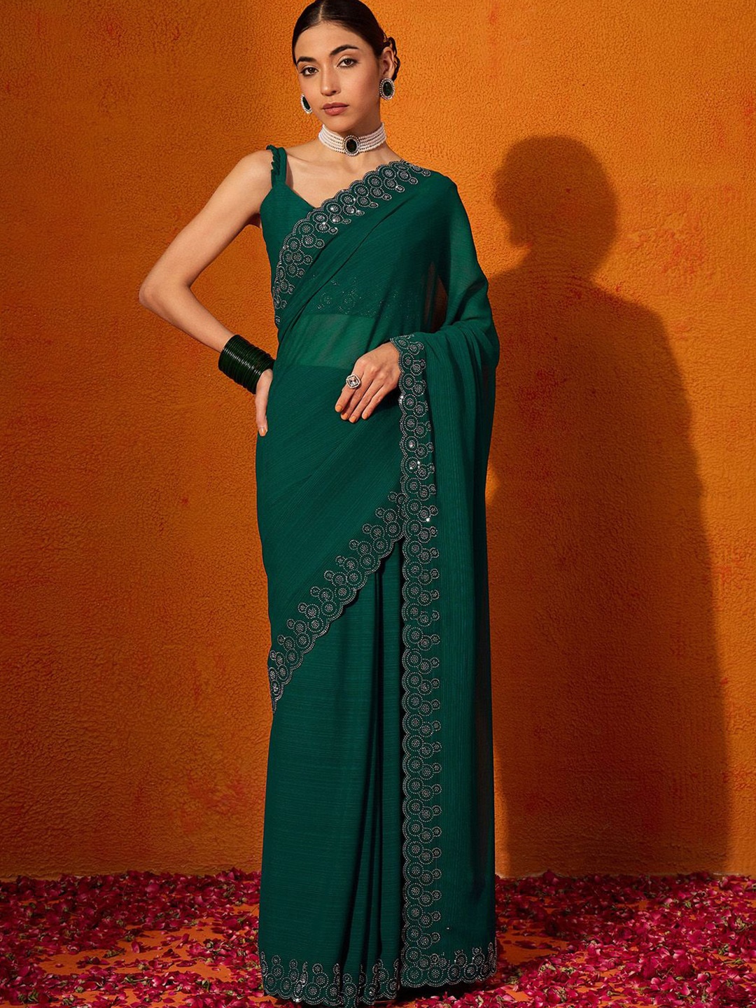 

Anouk Beads and Stones Embellished Saree, Green