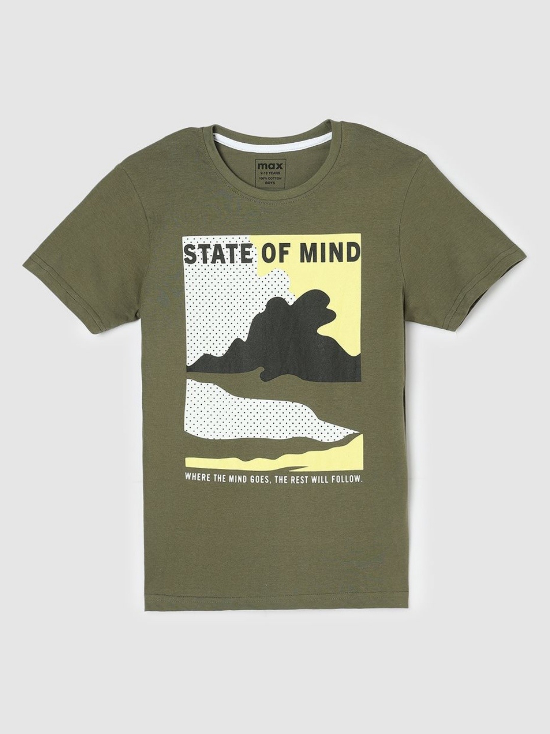 

max Boys Graphic Printed Round Neck Cotton T-shirt, Olive