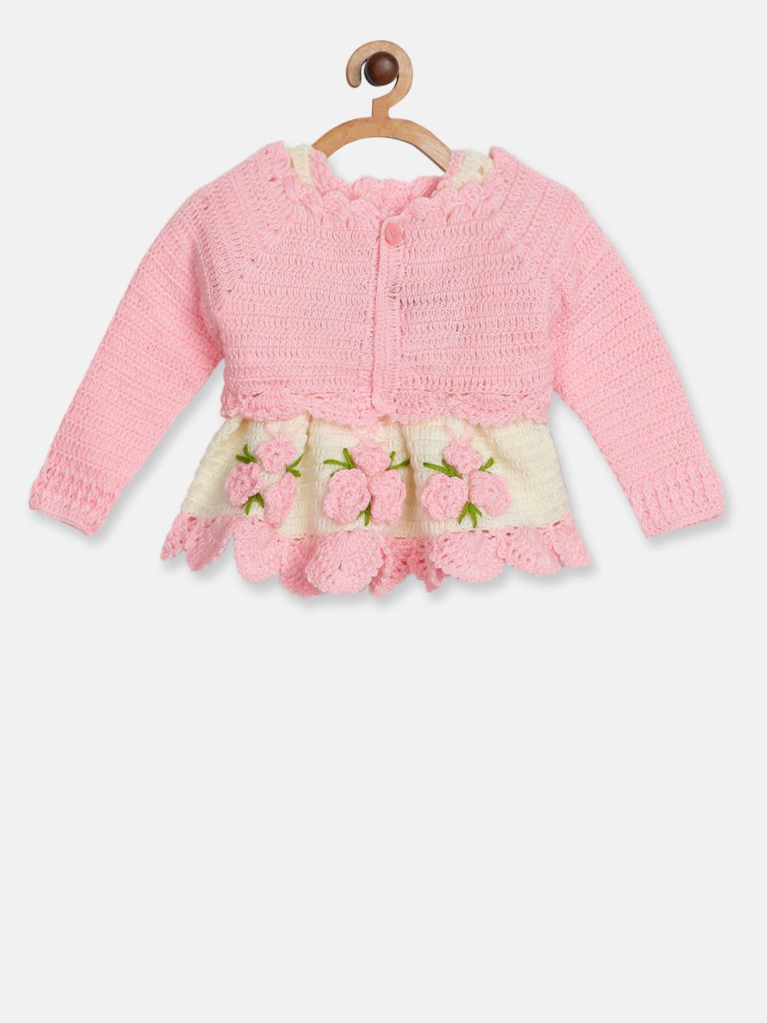 

CHUTPUT Unisex Kids Pure Wool Hand knitted Crochet Frock and Jacket, Pink