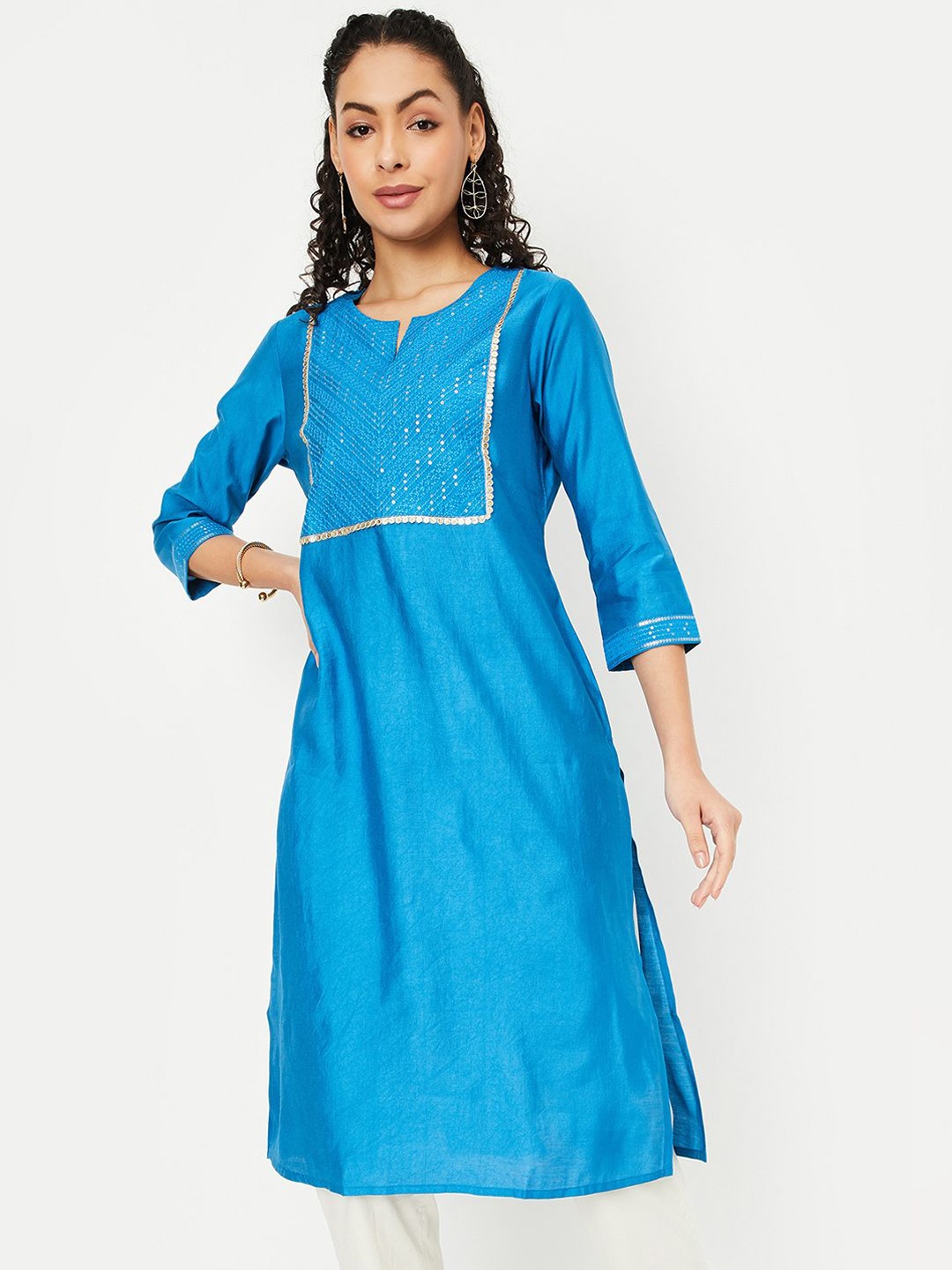 

max Geometric Sequinned Straight Kurta, Blue