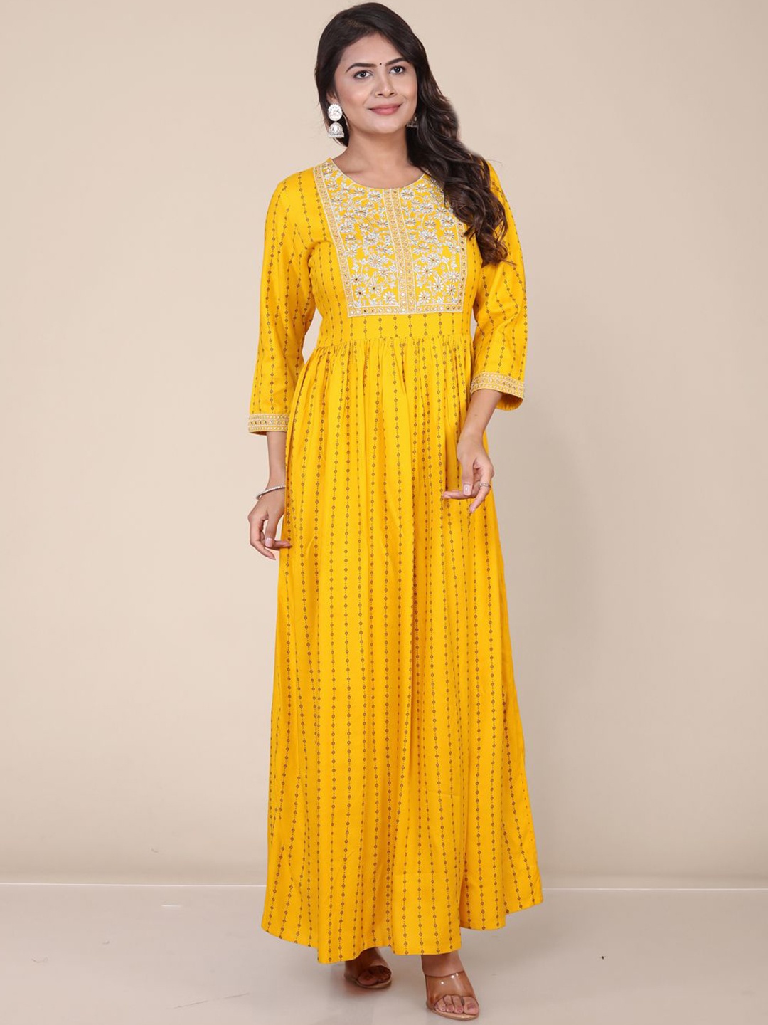 

HERE&NOW Women Yoke Embroidered & Printed Gown Ethnic Dress, Yellow