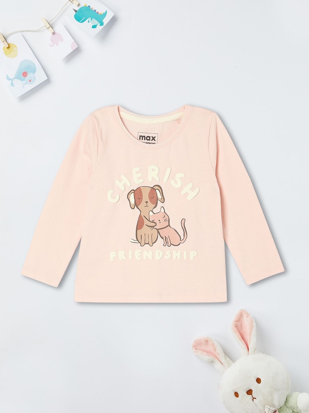 

max Girls Graphic Printed Round Neck Cotton T-shirt, Peach