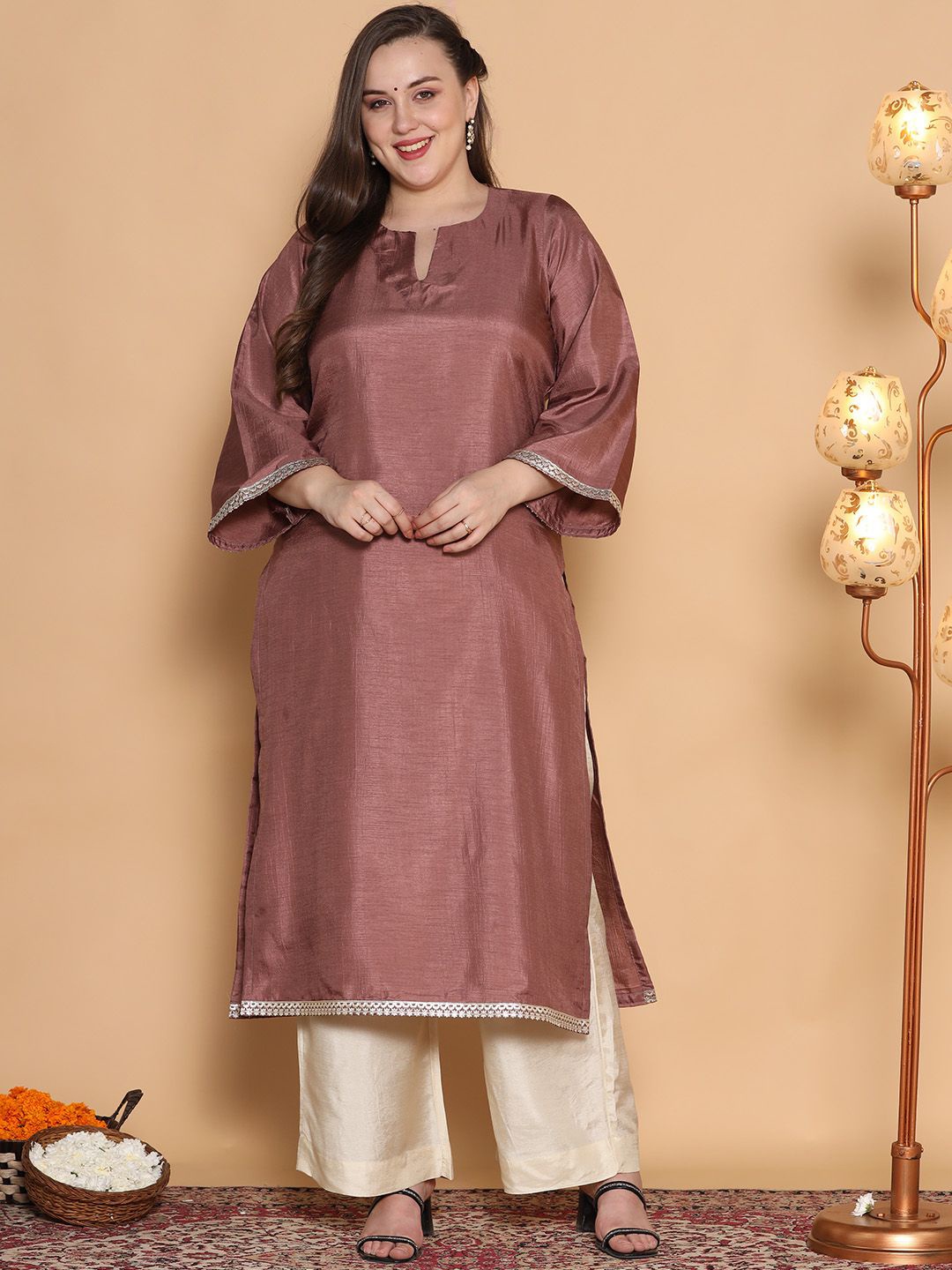 

LetsDressUp Embellished Bell Sleeves Silk Straight Kurta, Mauve