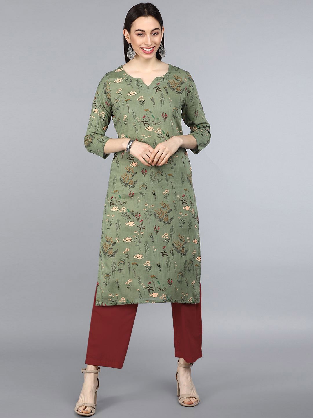 

KALINI Floral Printed Notch Neck Cotton Straight Kurta, Green