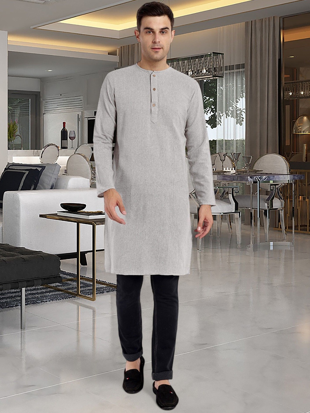 

SKAVIJ Mandarin Collar Straight Kurta, Grey