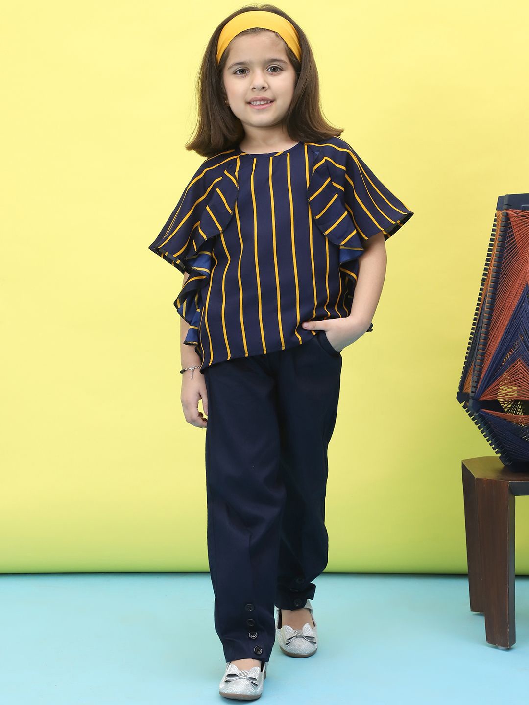 

Baawri Girls Short Sleeves Vertical Stripes Printed Top, Navy blue